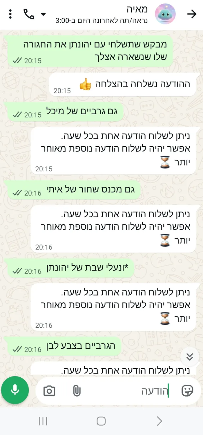 שיחה עם מאיה: שורת הודעות קצרות ברצף. לכל הודעה נוספת באותה שעה מאיה משיבה שאפשר לשלוח הודעה אחת בכל שעה, ושאפשר יהיה לשלוח הודעה נוספת מאוחר יותר